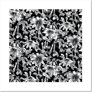 Black and White Passion Fruit Flowers Posters and Art